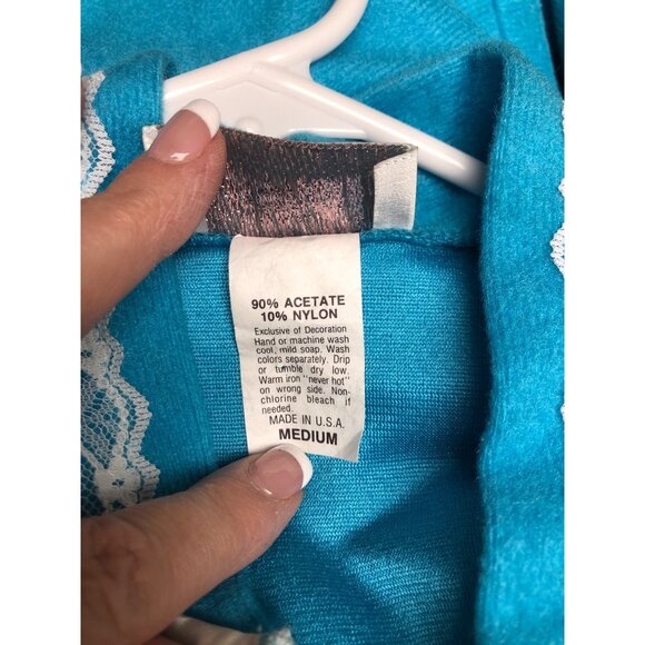 Vintage Robe Ashley Taylor Size Medium Blue Long Sleeve House Coat Embroidered - Picture 7 of 8